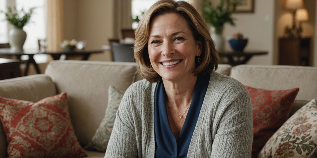 Confident mature woman smiling in cozy living room.