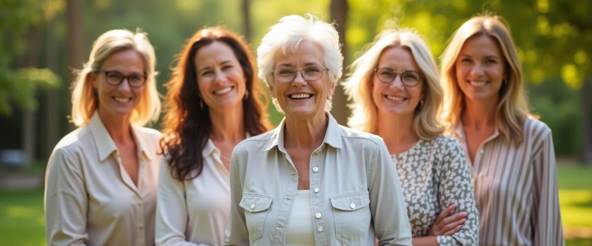 Mujer de 40 años sonriente disfrutando al aire libre.