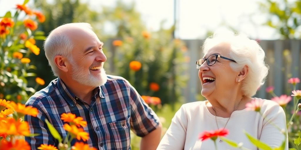 Pareja de adultos mayores sonriendo en un jardín.
Frases