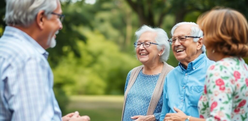 Grupo de adultos mayores sonriendo y conversando.