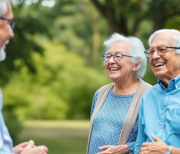 Grupo de adultos mayores sonriendo y conversando.