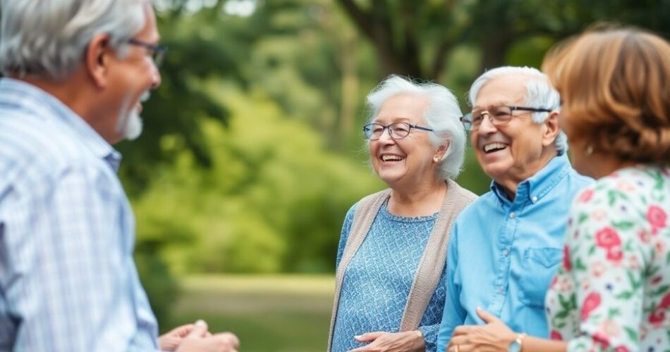 Grupo de adultos mayores sonriendo y conversando.