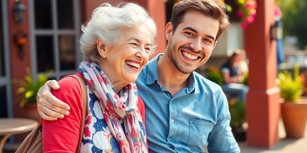 Mujer mayor y hombre joven sonriendo juntos al aire libre.