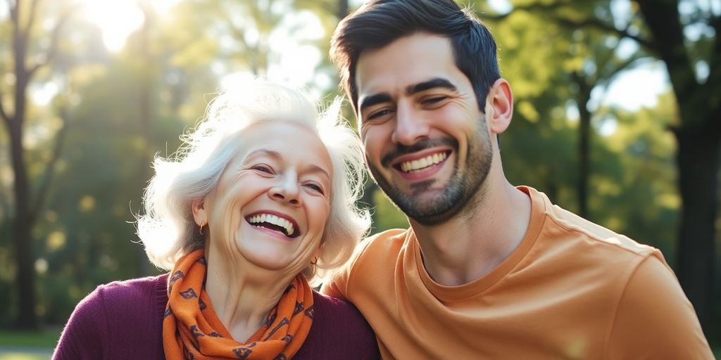 Mujer mayor y hombre joven sonriendo juntos.