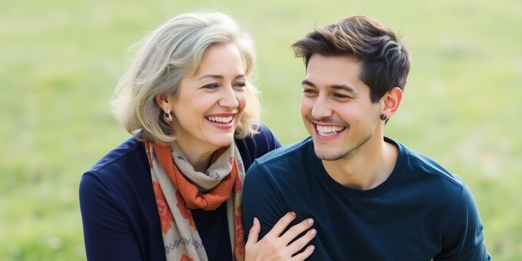 Mujer mayor y hombre joven sonriendo juntos en la naturaleza.