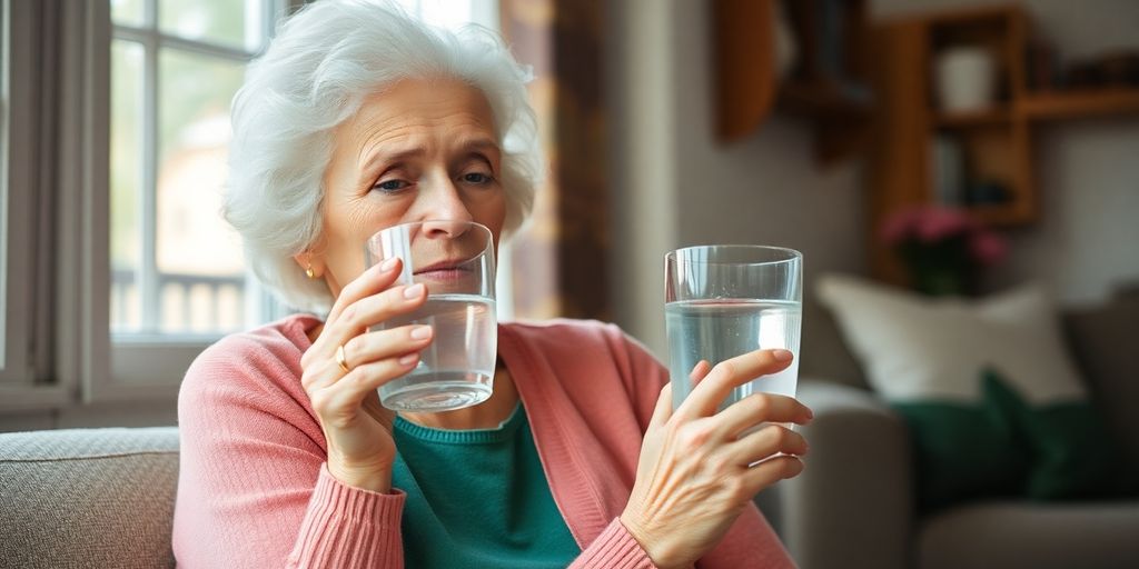 Mujer mayor bebiendo agua en casa tranquila.vértigo