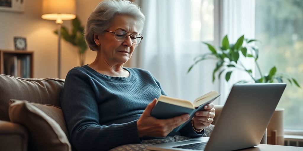 Mujer mayor leyendo en casa con pantalla cerca.