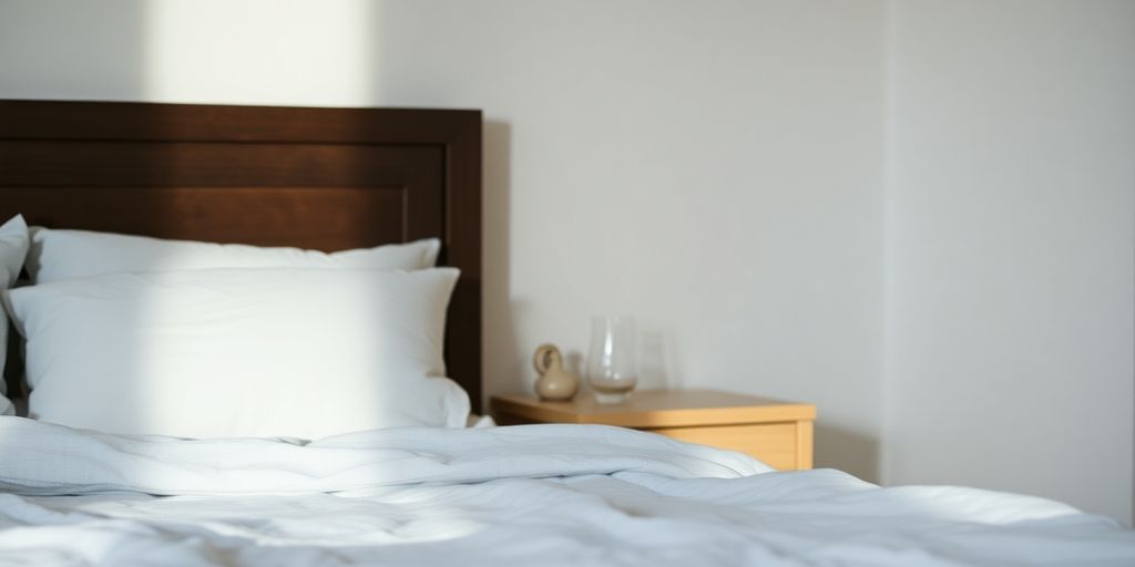 Habitación tranquila con cama y agua en mesita.