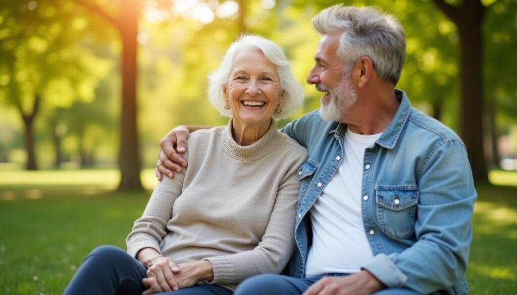 Mujer mayor y hombre joven sonriendo juntos en la naturaleza.