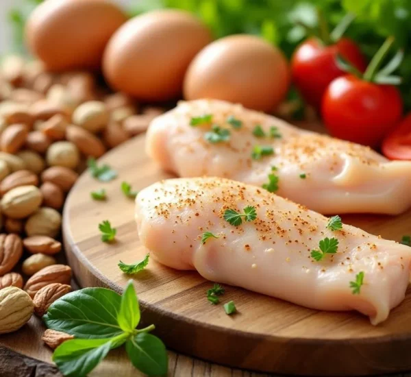 Variedad de fuentes de proteínas, incluyendo rodajas de pollo crudo, frutos secos, soja y zanahorias picadas en un plato de madera.