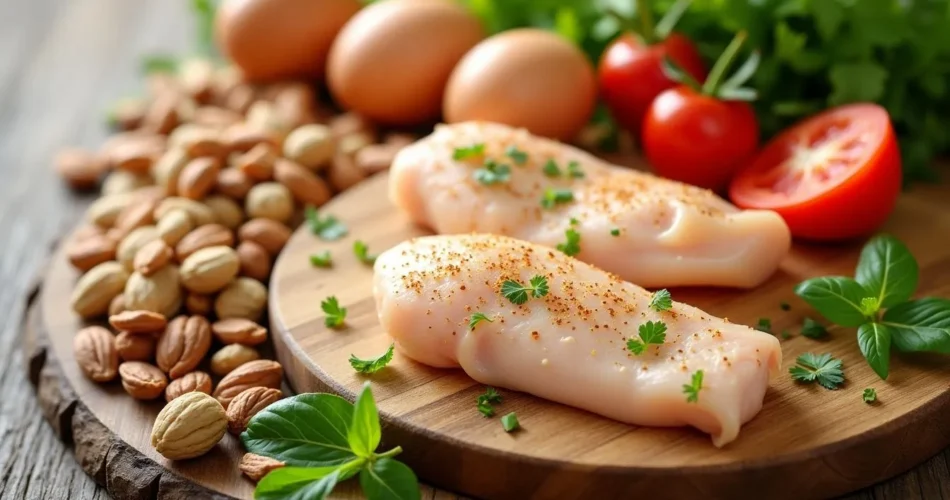 Variedad de fuentes de proteínas, incluyendo rodajas de pollo crudo, frutos secos, soja y zanahorias picadas en un plato de madera.