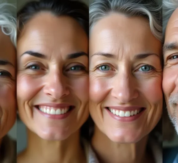 Grupo de mujeres y un hombre adulto reflejando cambios faciales por la edad.