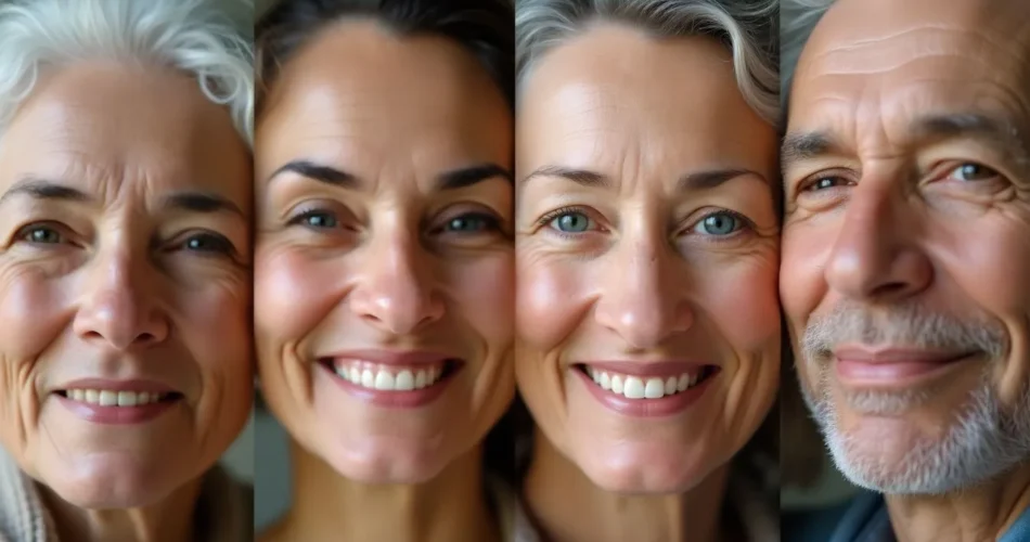 Grupo de mujeres y un hombre adulto reflejando cambios faciales por la edad.