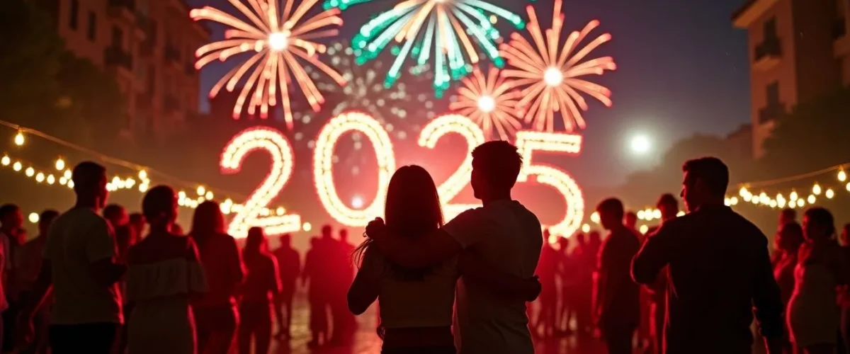 Pareja observando fuegos artificiales y números iluminados durante la celebración de Año Nuevo 2025.