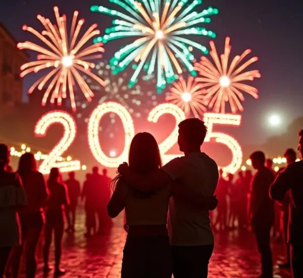 Pareja observando fuegos artificiales y números iluminados durante la celebración de Año Nuevo 2025.
