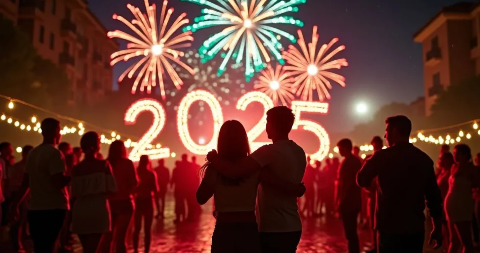 Pareja observando fuegos artificiales y números iluminados durante la celebración de Año Nuevo 2025.