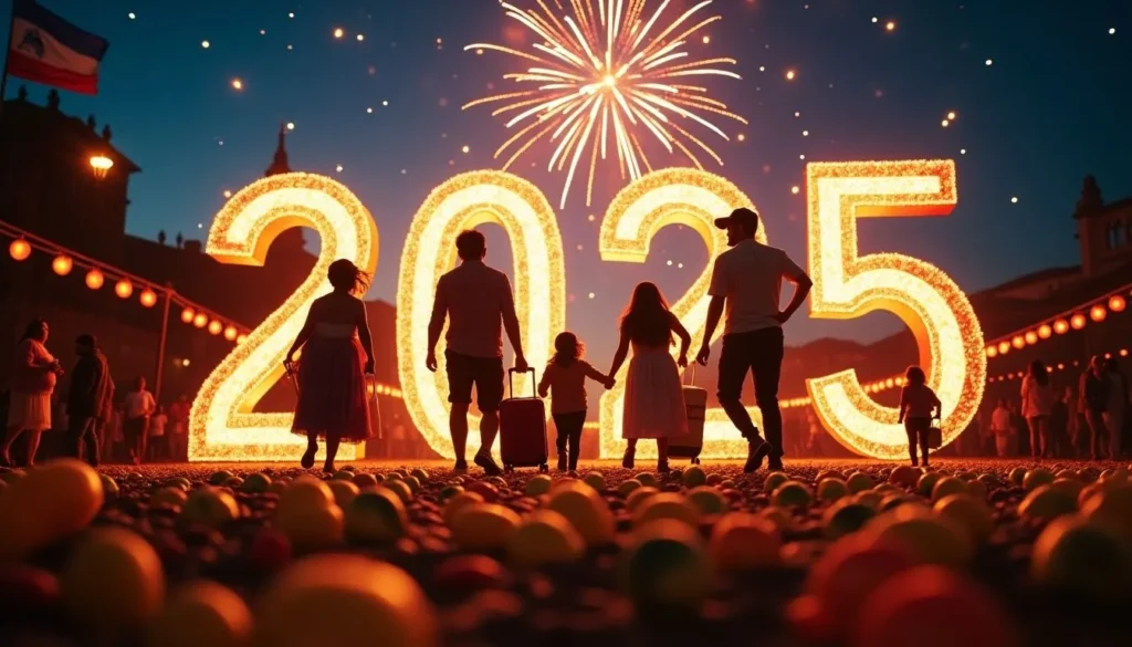 Familia celebrando la llegada del 2025 bajo un espectáculo de fuegos artificiales y números iluminados.