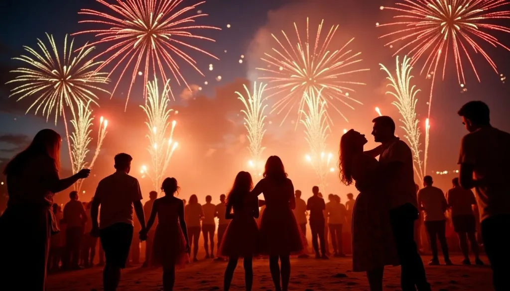 Grupo de amigos disfrutando de los fuegos artificiales y celebrando el inicio del 2025 en un ambiente vibrante.