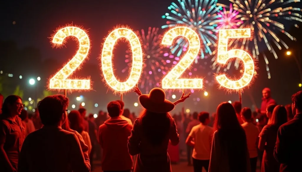 Personas celebrando el Año Nuevo 2025 bajo fuegos artificiales iluminados.