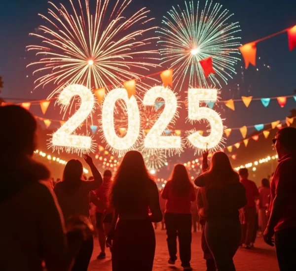 Personas contemplando los fuegos artificiales y el número 2025 en una plaza iluminada.