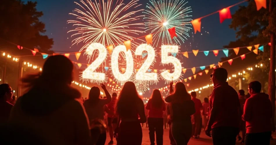 Personas contemplando los fuegos artificiales y el número 2025 en una plaza iluminada.