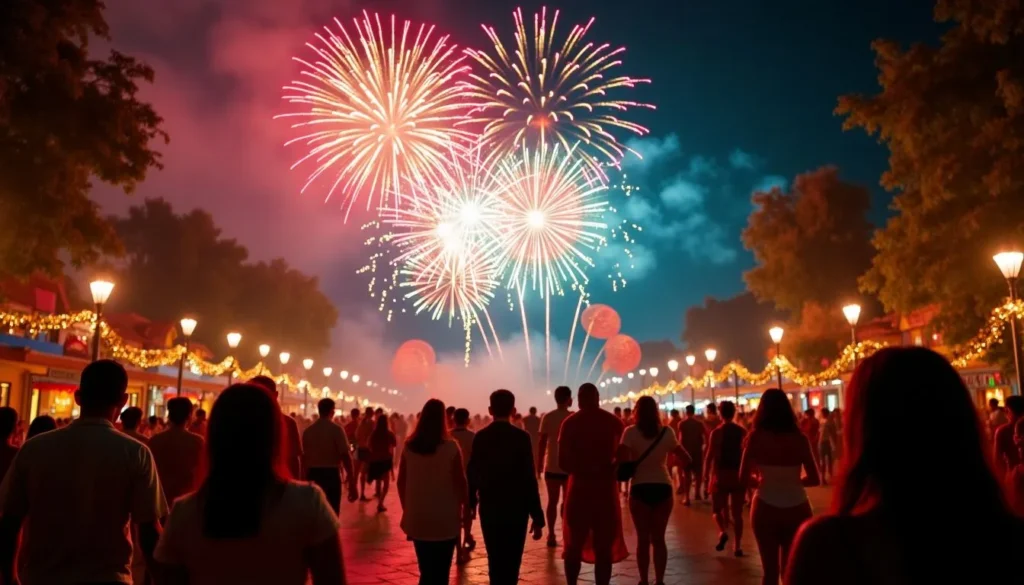 Fuegos artificiales multicolores iluminando el cielo en la noche de Año Nuevo.