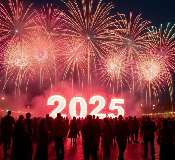Fuegos artificiales y el número 2025 iluminando la celebración de Año Nuevo.
