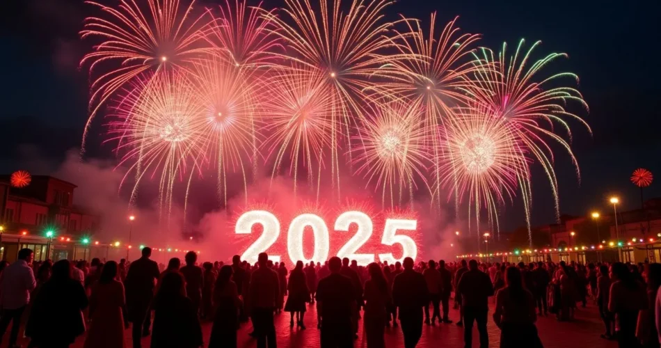 Fuegos artificiales y el número 2025 iluminando la celebración de Año Nuevo.