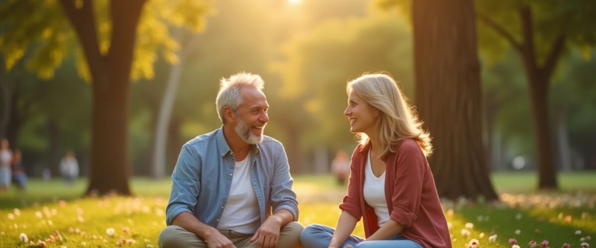 Pareja madura conversando felizmente en un parque.