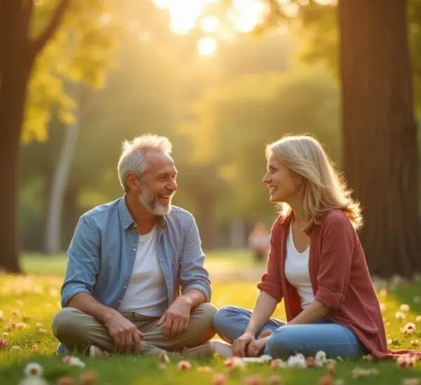 Pareja madura conversando felizmente en un parque.