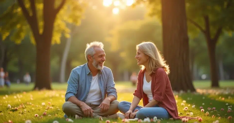 Pareja madura conversando felizmente en un parque.