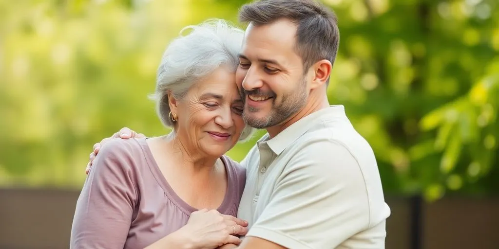 Hombre joven abrazando cariñosamente a una mujer mayor en un entorno al aire libre con vegetación.
(parejas con diferencia de edad)