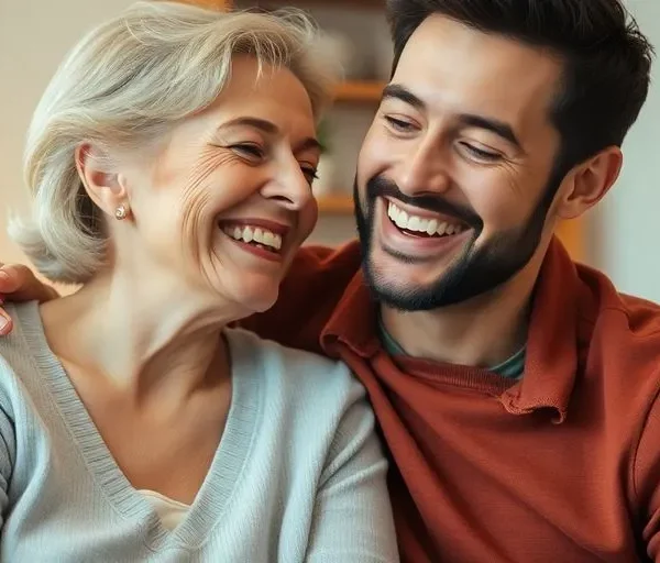 Mujer mayor abrazando a su pareja más joven en casa.