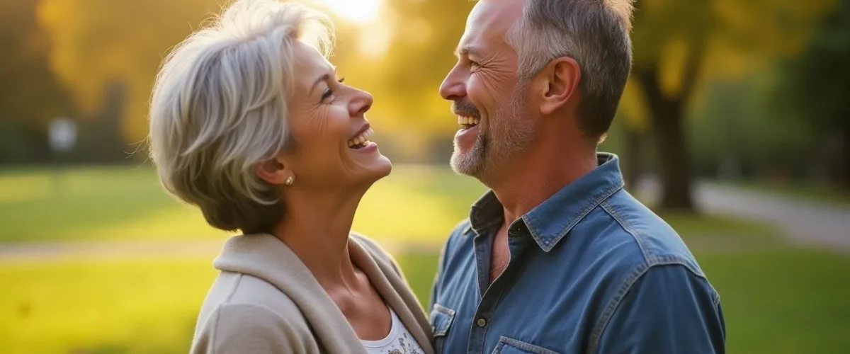 Pareja mayor feliz sonriendo en un parque con luz cálida al atardecer.