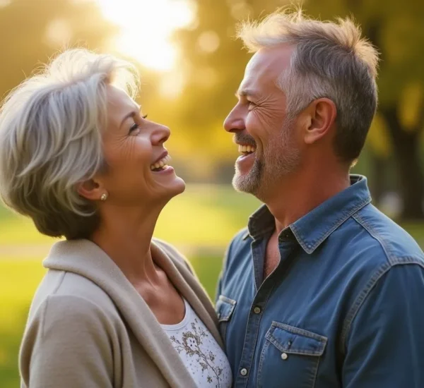 Pareja mayor feliz sonriendo en un parque con luz cálida al atardecer.