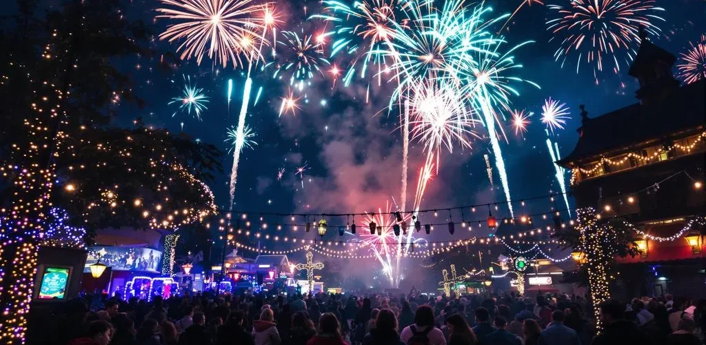 Fuegos artificiales coloridos en un evento al aire libre de Año Nuevo 2025.