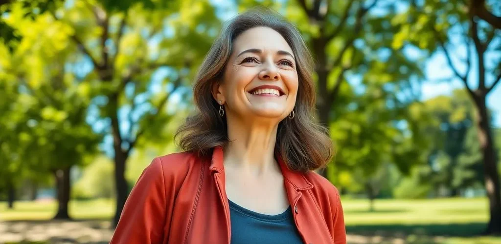 Mujer mayor caminando en un parque con árboles verdes y una sonrisa radiante.