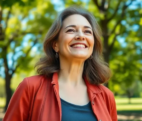 Mujer mayor caminando en un parque con árboles verdes y una sonrisa radiante.