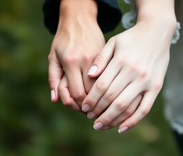 Primer plano de dos manos entrelazadas, simbolizando confianza y apoyo en una relación romántica.