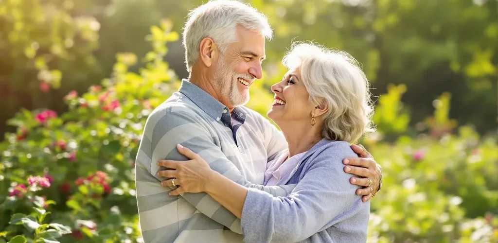 Pareja madura abrazándose y sonriendo en un jardín lleno de flores, representando la felicidad y el amor en la madurez.