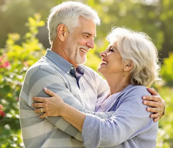 Pareja madura abrazándose y sonriendo en un jardín lleno de flores, representando la felicidad y el amor en la madurez.