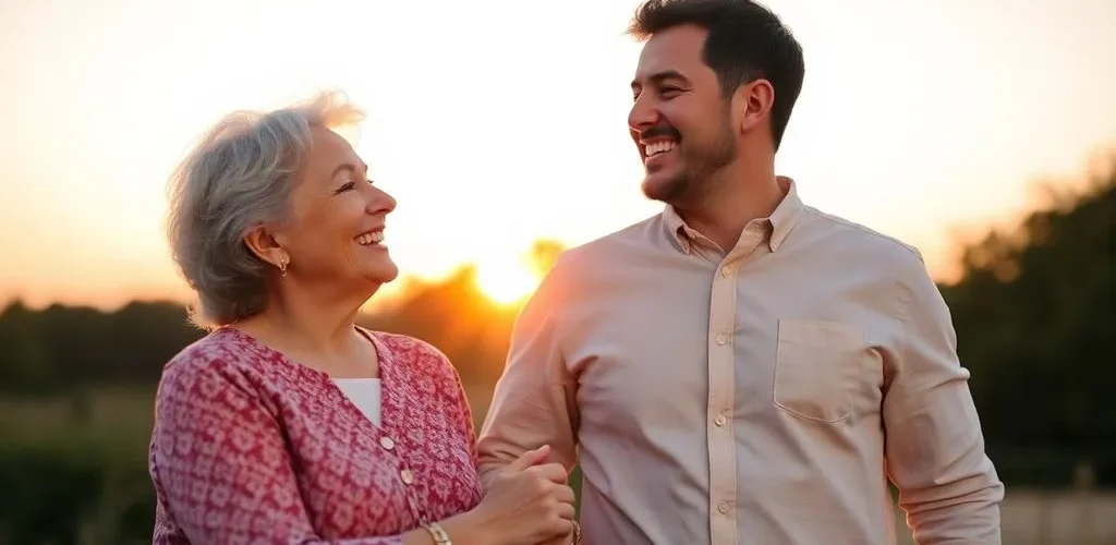 Parejas felices en la naturaleza donde la mujer es mayor que el hombre, reflejando amor y conexión.