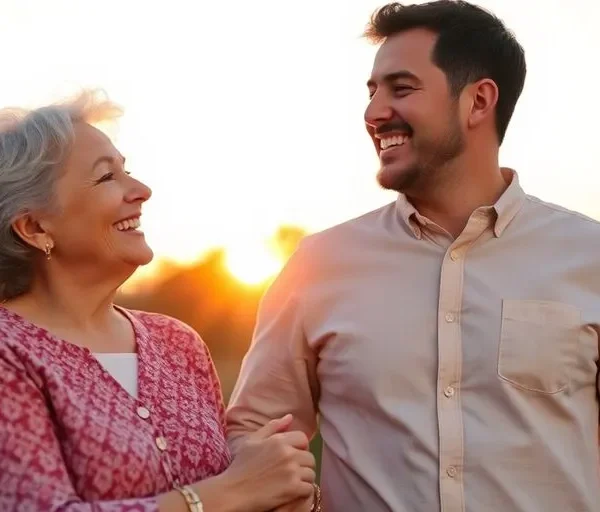 Parejas felices en la naturaleza donde la mujer es mayor que el hombre, reflejando amor y conexión.