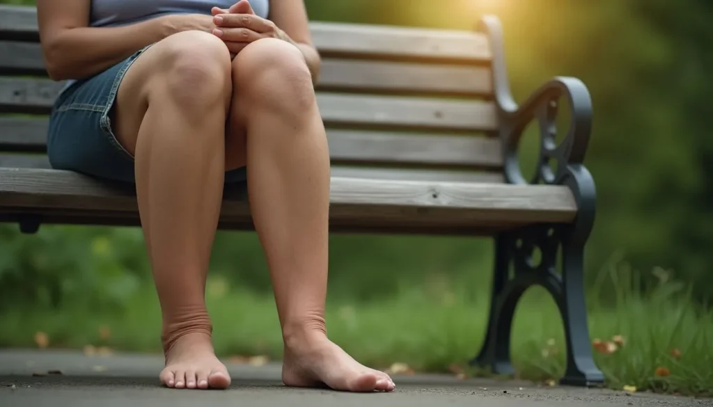 Piernas hinchadas de una persona mayor descalza en un banco del parque, con signos de inflamación.