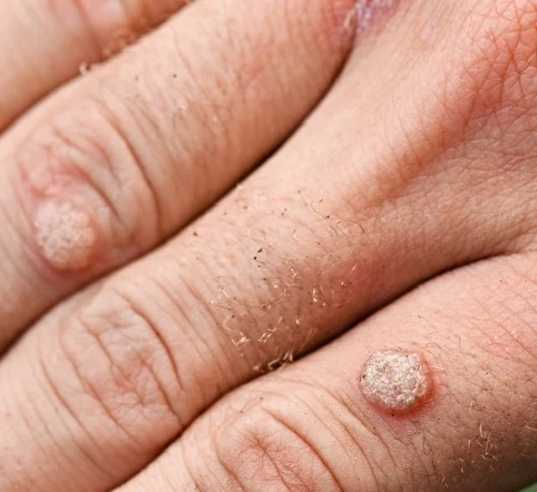 Verrugas en los dedos de la mano causadas por el virus del papiloma humano (VPH).