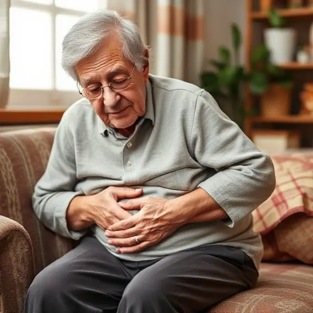 Hombre mayor con dolor de estómago, sentado y sujetándose el abdomen.