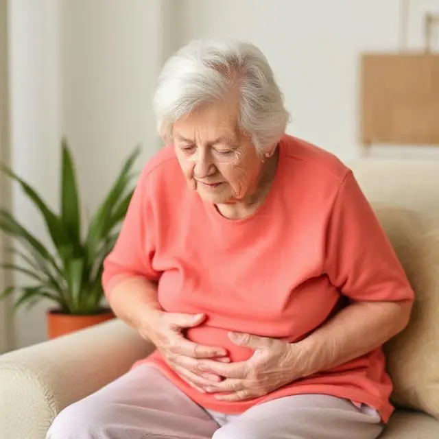 Anciana con camisa roja sujetándose el estómago por malestar digestivo.
