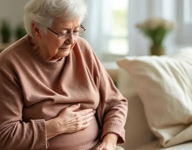 Mujer mayor con malestar abdominal sentada en un sofá, mostrando síntomas de estreñimiento.