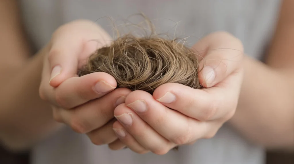 Mujer examinando su cabello debilitado con signos de caída.
