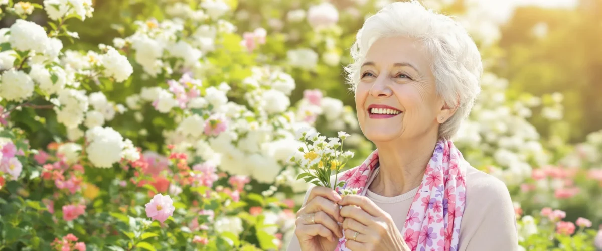 Mujer mayor sonriendo en un jardín lleno de flores blancas y rosas, con luz cálida de fondo.